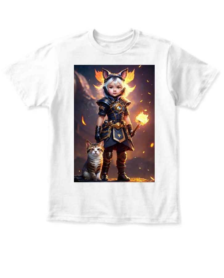  Standing portrait of a cute female character  next to her cute cat, cinematic still - Front