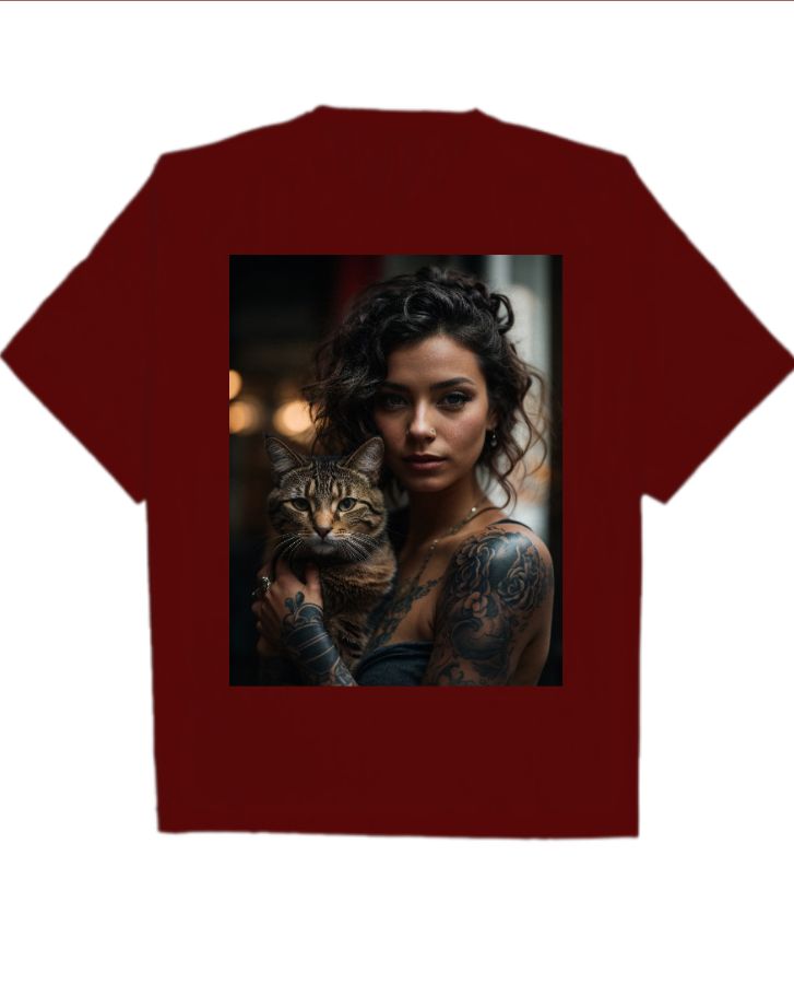 A woman with a cat tattoo on her arm - Front