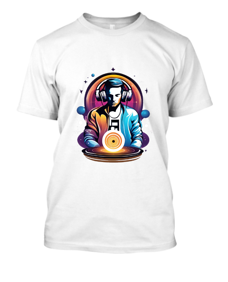 Celestial Beats: Unveil the Universe with Our Cosmic DJ Logo T-Shirt Designs - Front