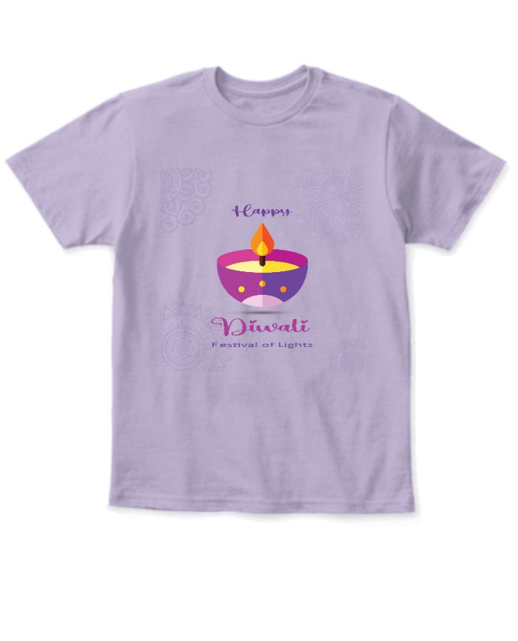 Lavender and Green Color Diwali Lamp Print T-Shirt - Front