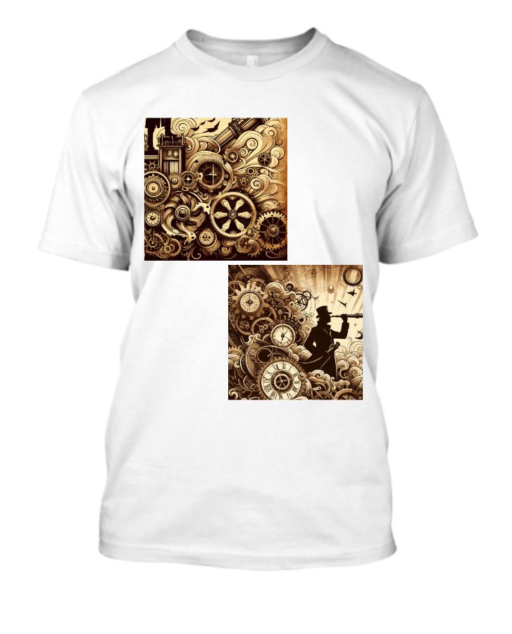 Steampunk Dream: A sepia-toned design featuring gears, clocks, and vintage machinery, with a silhouette of a Victorian-era explorer holding a telescope, set against a backdrop of swirling gears and steam. - Front