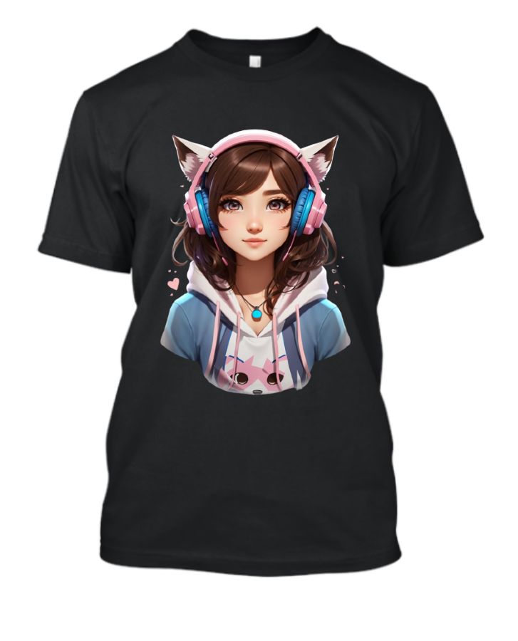 anime kawai gaming girl front print graphic | Half Sleeves T-shirt - Front